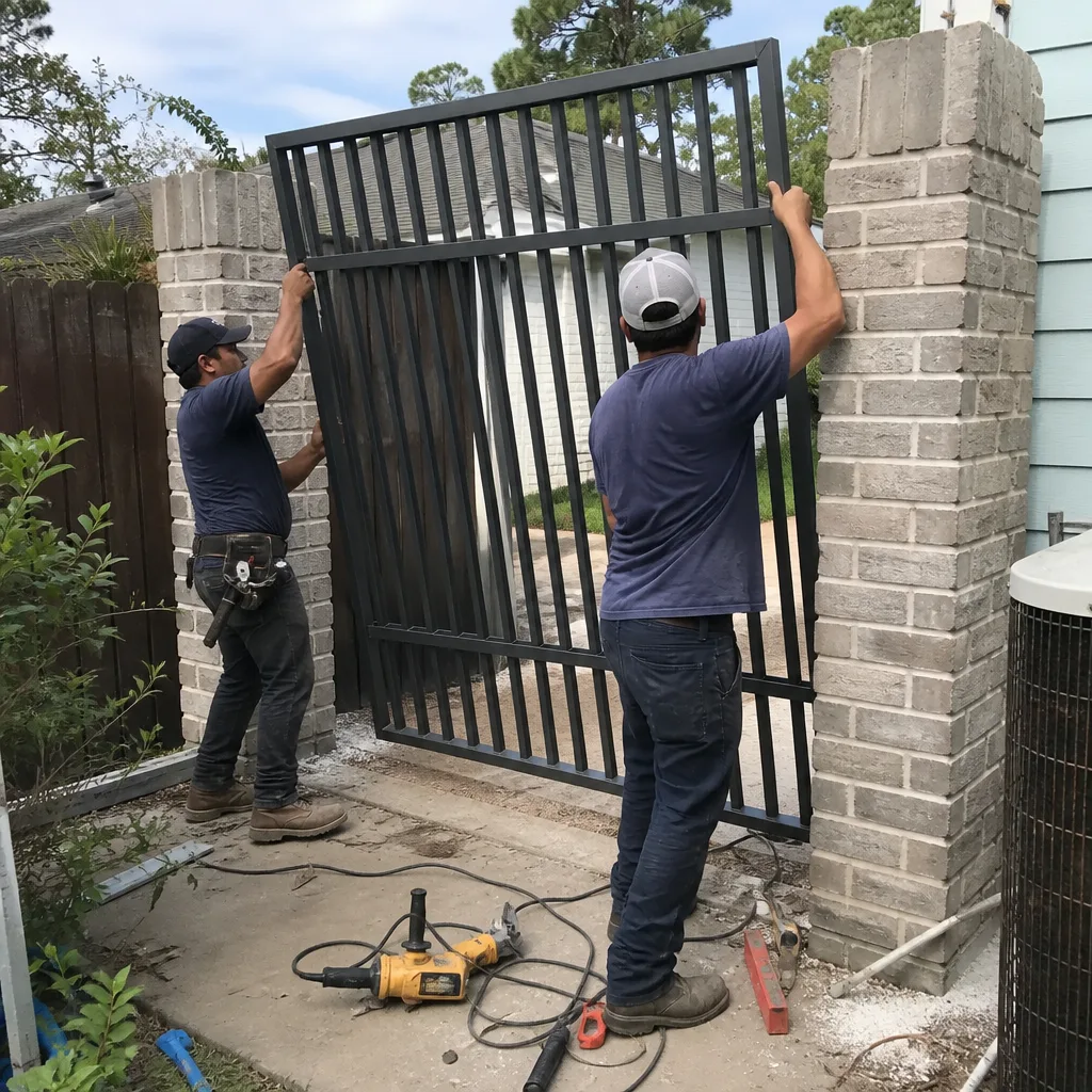 Two professionals installing a black metal residential driveway gate.