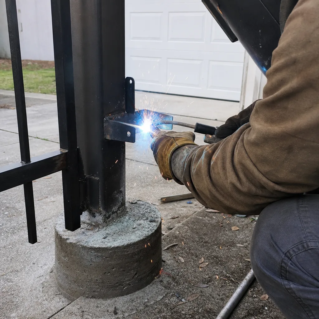 Professional welder performing residential gate repair and metal installation work