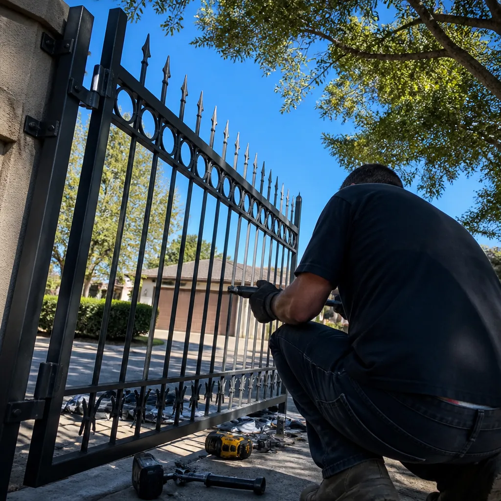 Professional contractor installing a custom metal fence gate