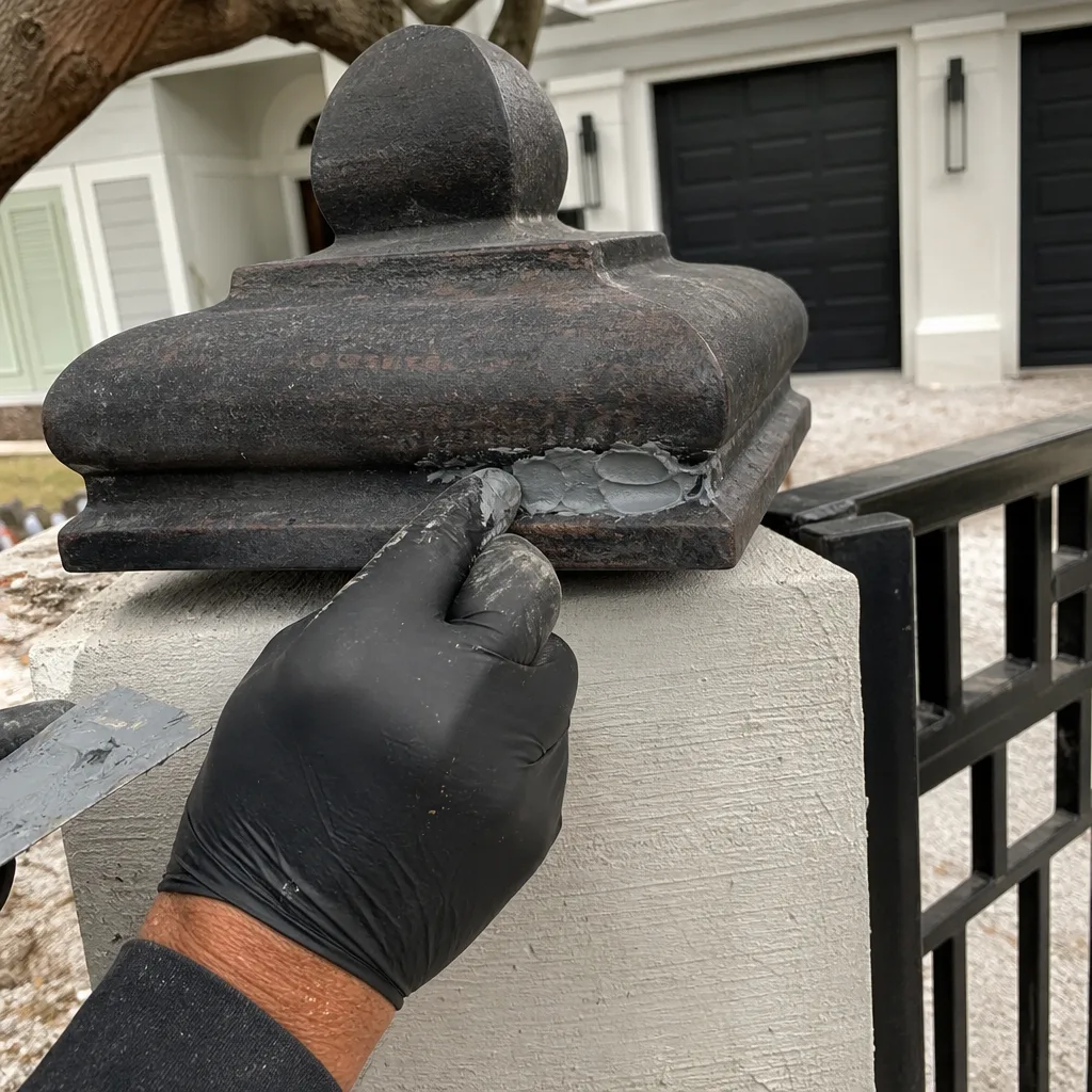 Professional applying sealant to decorative metal gate post cap