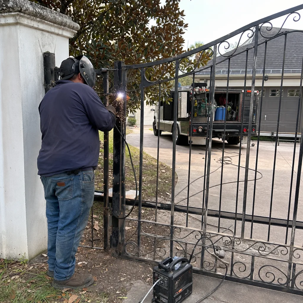 Professional welding technician performing onsite metal driveway gate repair