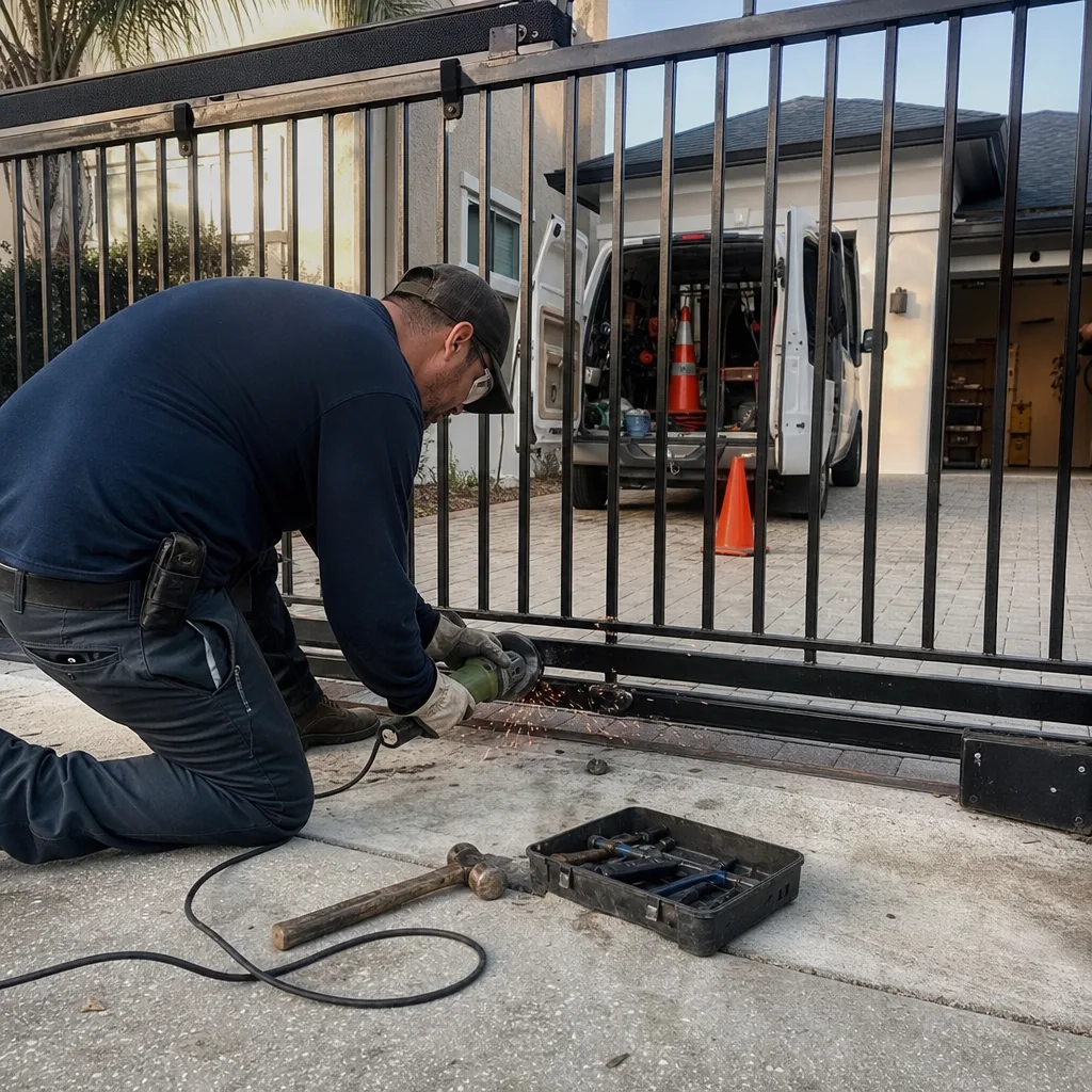 Technician using an angle grinder to perform professional metal gate repair